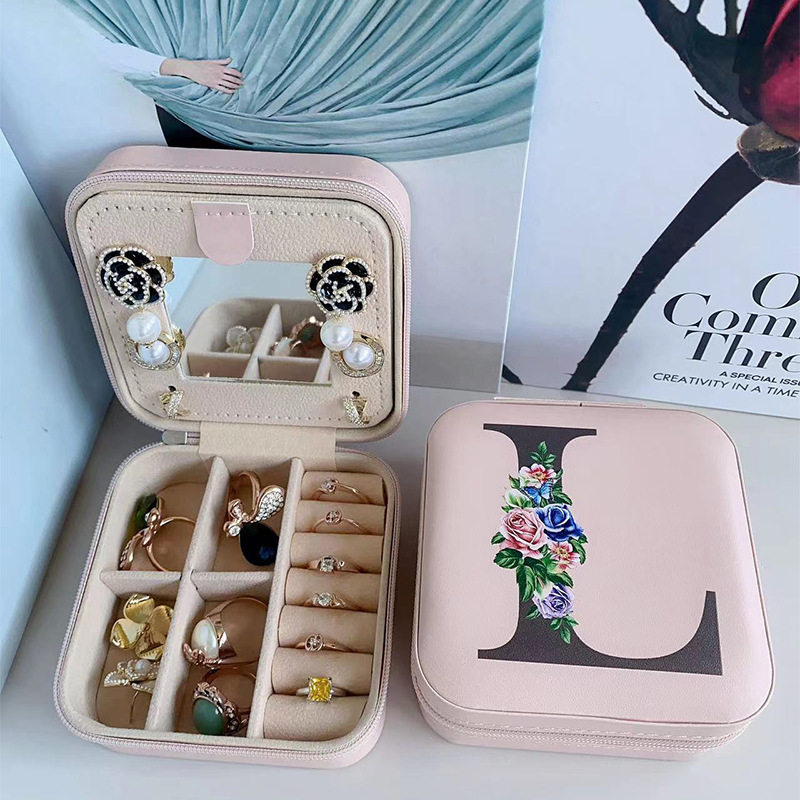 PLH803 Flower Printing Faux Leather Travel Jewelry Box with Mirror